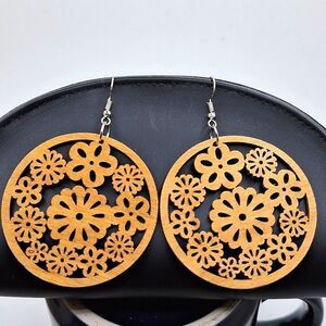 Round wood carved earrings boho jewelry floral design